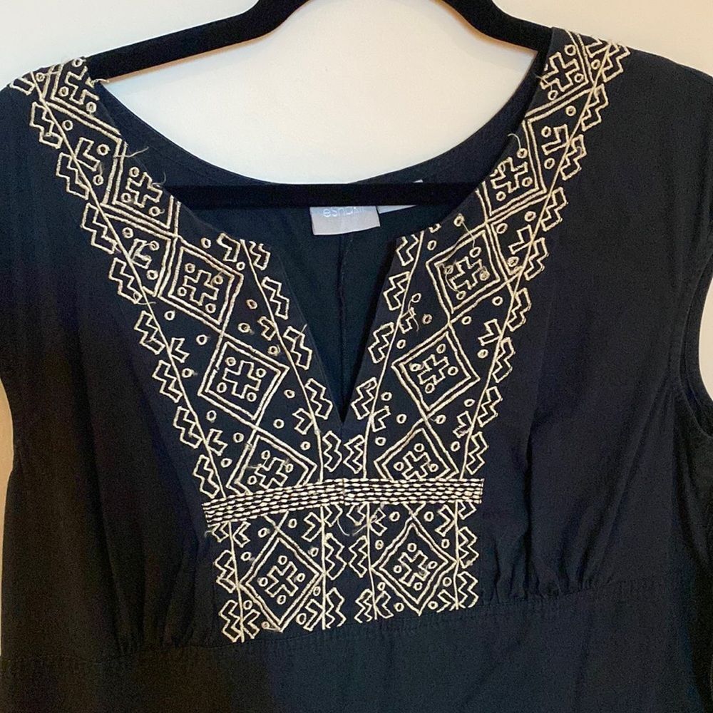 eShakti Black Gold Embroidered Yoke Cap Sleeve Dress Pockets Custom 14